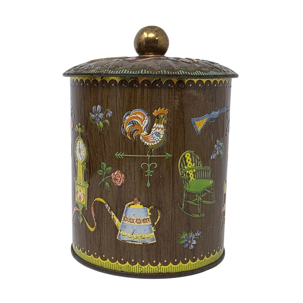 Vintage Daher England Tin Canister Faux Wood Rooster Country Kitchen Decor